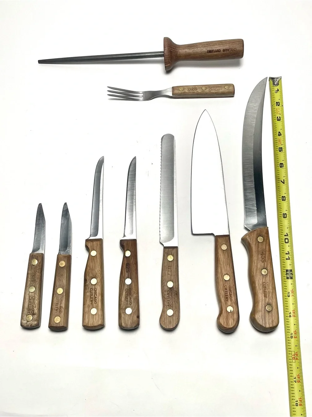 Vintage Chicago Cutlery 10 Piece Kitchen Knife, Fork & Block Set Walnut USA